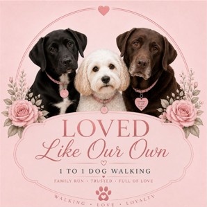 Three much-loved dogs representing the caring Loved Like Our Own dog walking service